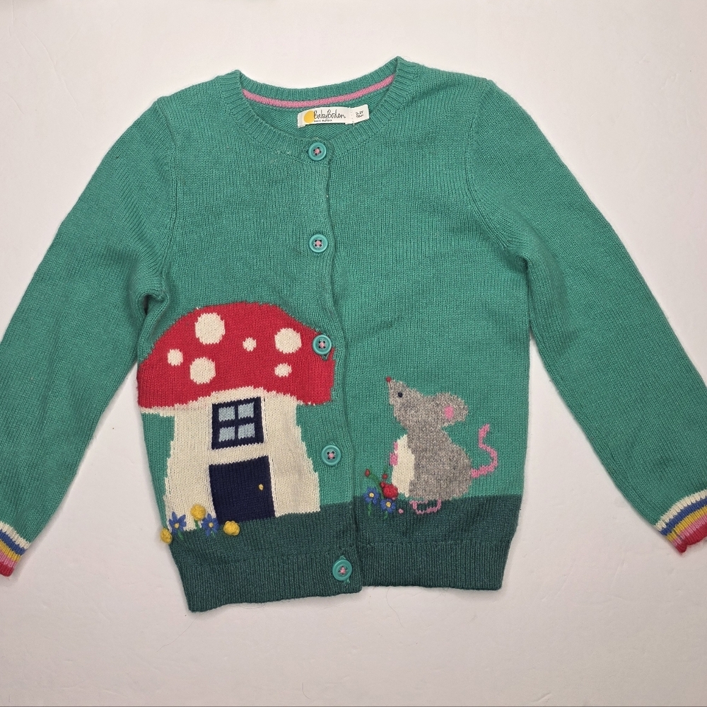 Baby Boden Teal Easter Cardigan with Red Mushroom & Gray Mouse- Size 2/3